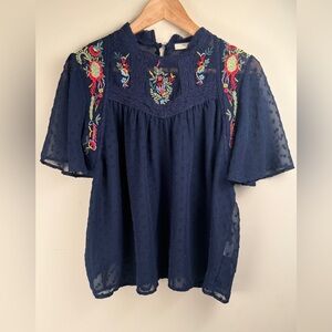 Anthropologie Free Generation Embroidered Floral Short Flutter Sleeve Med. Boho
